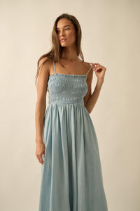 Beauty in Blue Smocked Denim Pocket Midi Dress - ShopPromesa