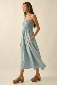 Beauty in Blue Smocked Denim Pocket Midi Dress - ShopPromesa