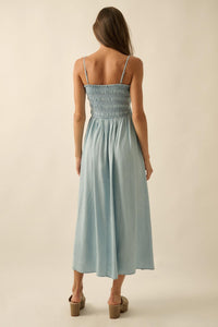 Beauty in Blue Smocked Denim Pocket Midi Dress - ShopPromesa