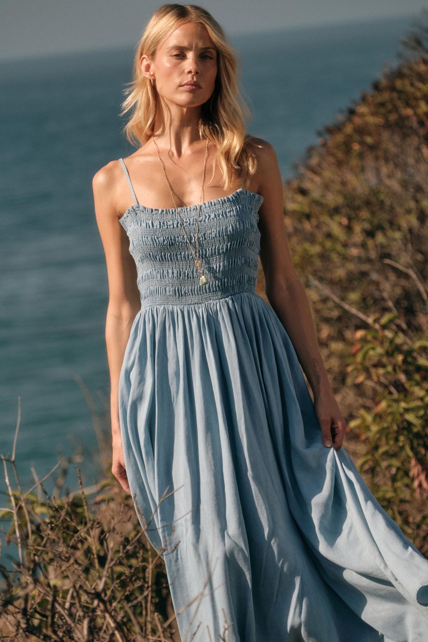 smocked chambray dress Promesa Tencel Smocked Pocket Midi Dress S