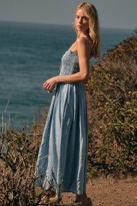 Beauty in Blue Smocked Denim Pocket Midi Dress - ShopPromesa