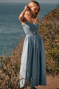 Beauty in Blue Smocked Denim Pocket Midi Dress - ShopPromesa