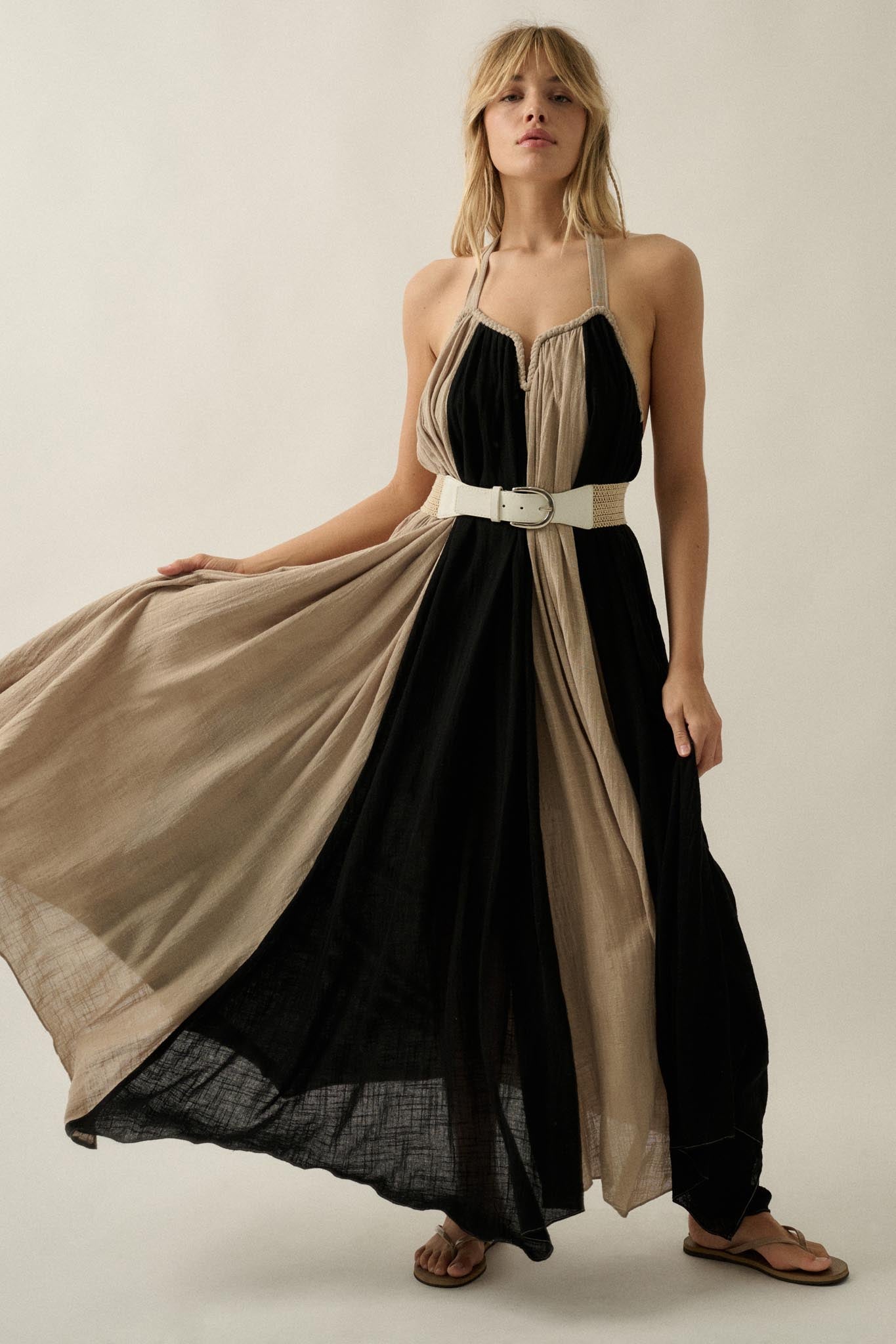 Let It Flow Colorblock Gauze Halter Maxi Dress - ShopPromesa
