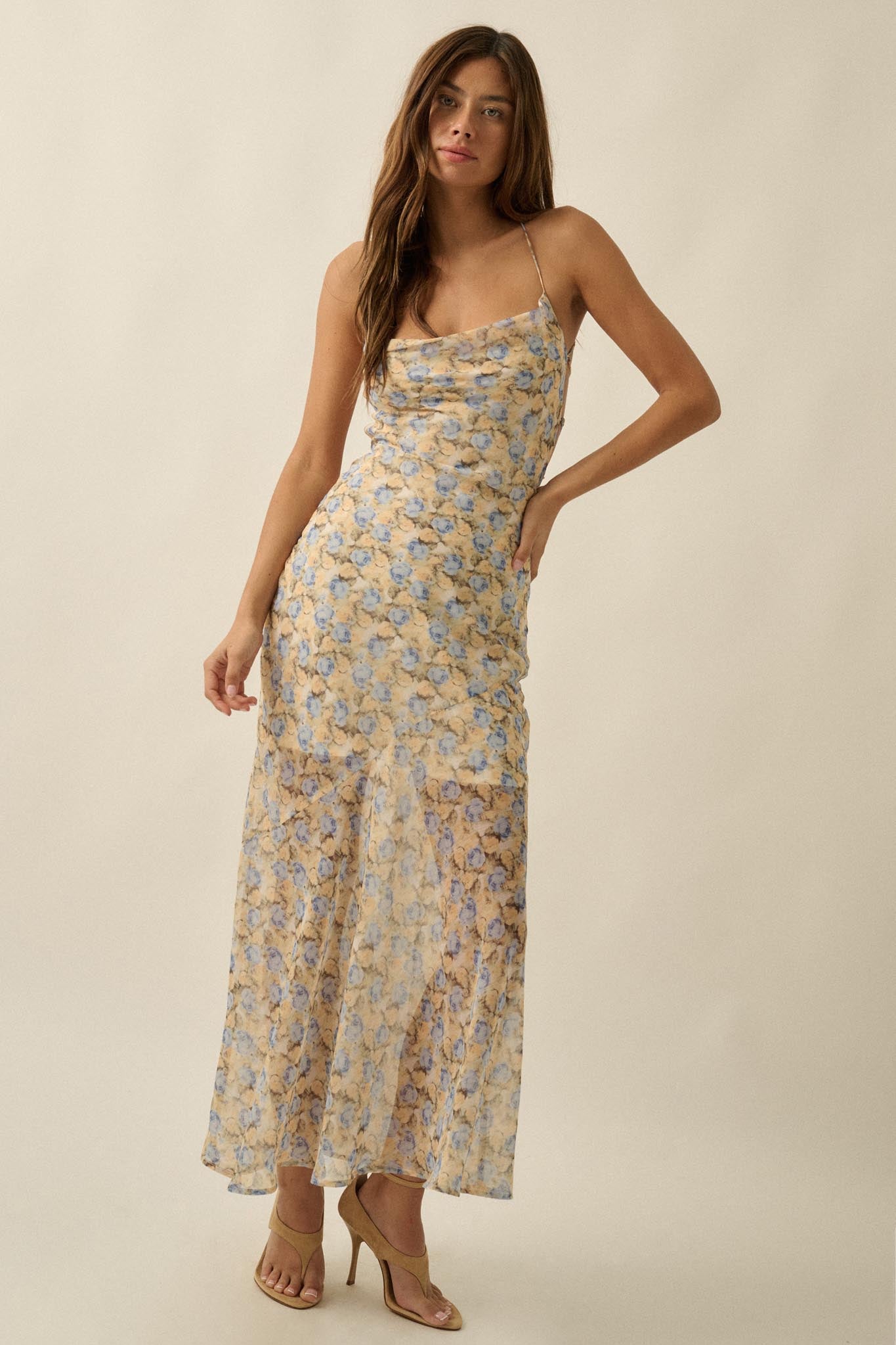 Sunshine Garden Floral Chiffon Open-Back Maxi Dress - ShopPromesa