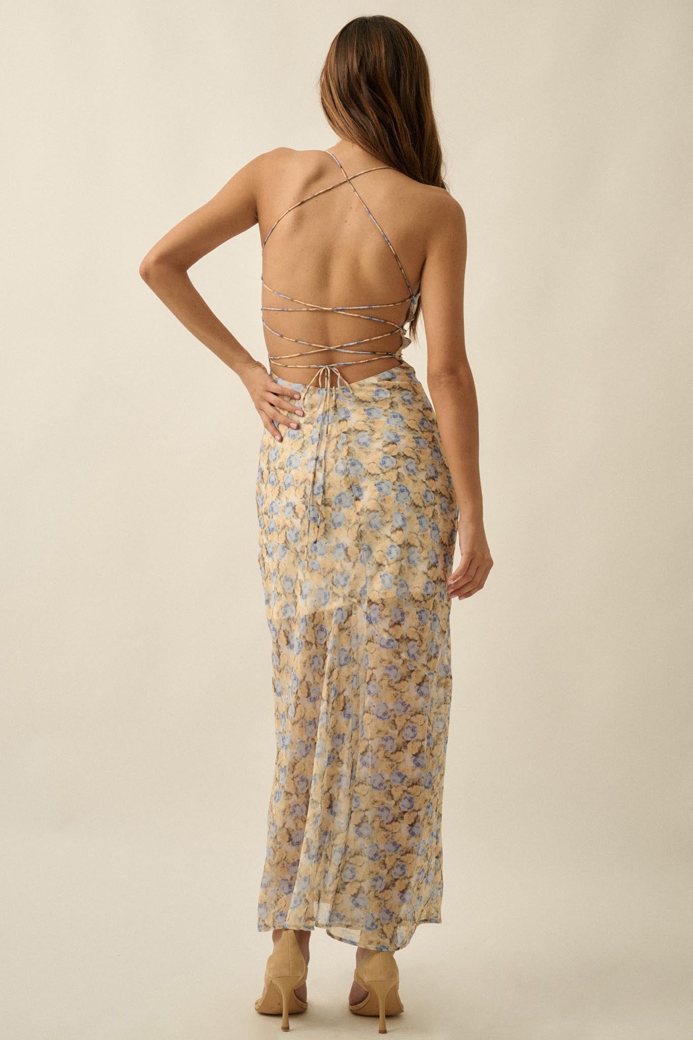 Sunshine Garden Floral Chiffon Open-Back Maxi Dress - ShopPromesa