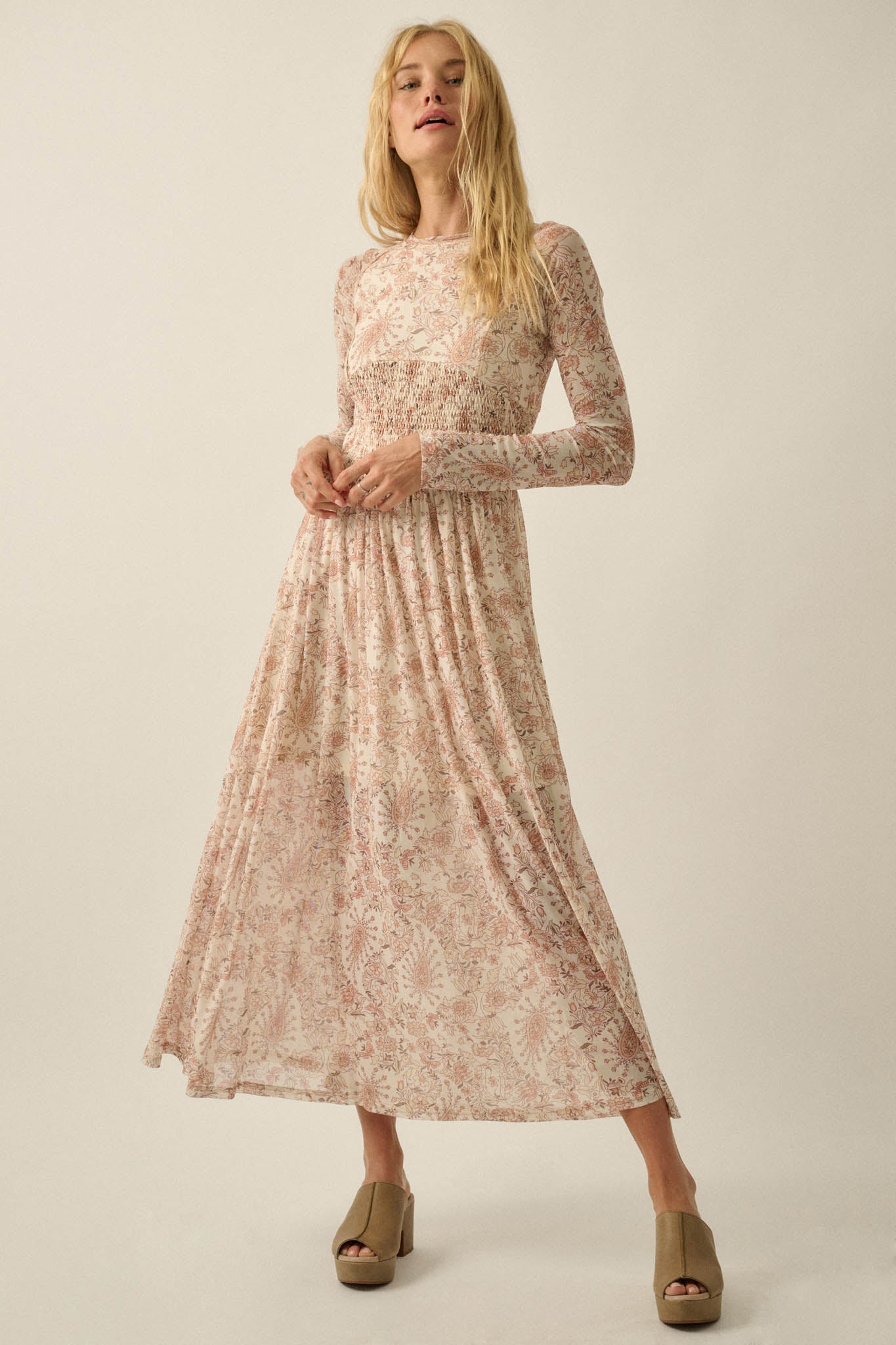 Fantasy World Paisley Mesh Smocked Midi Dress - ShopPromesa