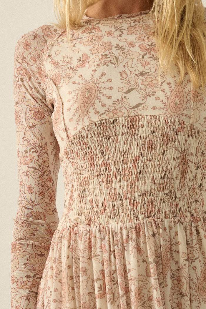 Fantasy World Paisley Mesh Smocked Midi Dress - ShopPromesa