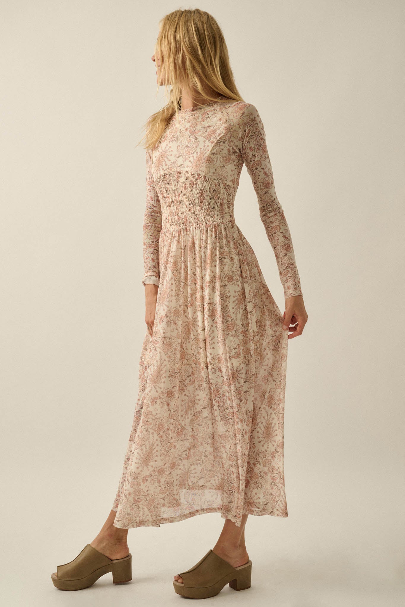 Fantasy World Paisley Mesh Smocked Midi Dress - ShopPromesa