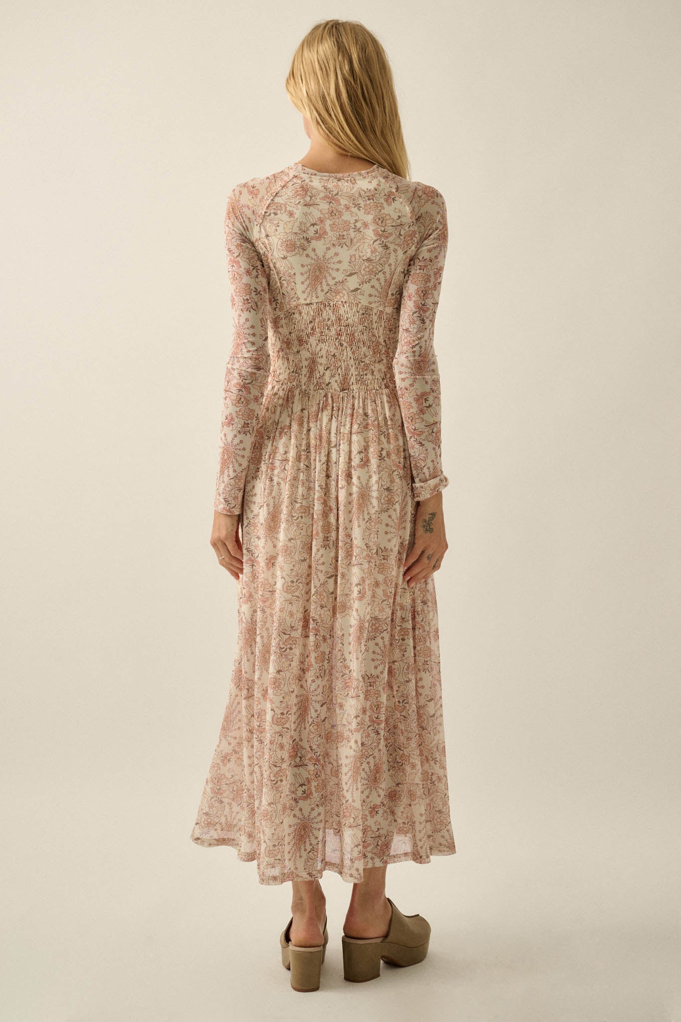 Fantasy World Paisley Mesh Smocked Midi Dress - ShopPromesa