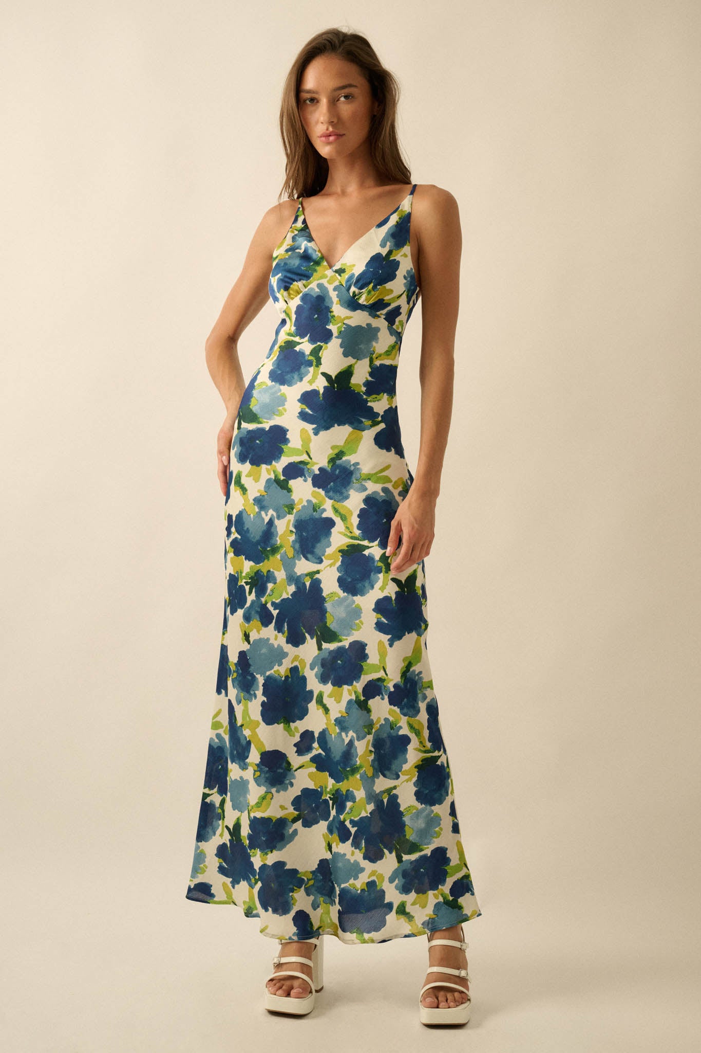 Watercolor Blossoms Floral Crepe Maxi Slip Dress - ShopPromesa