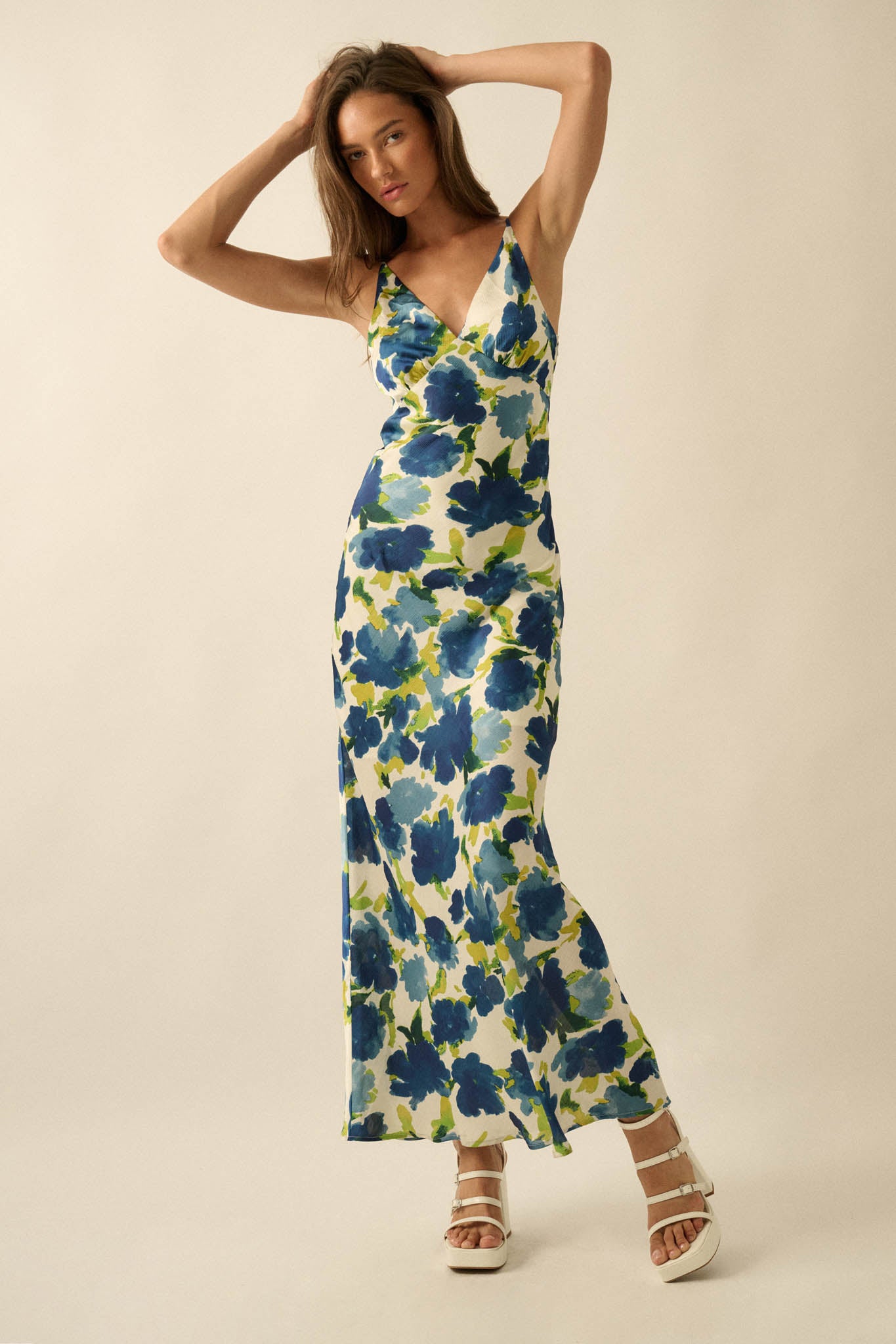Watercolor Blossoms Floral Crepe Maxi Slip Dress - ShopPromesa
