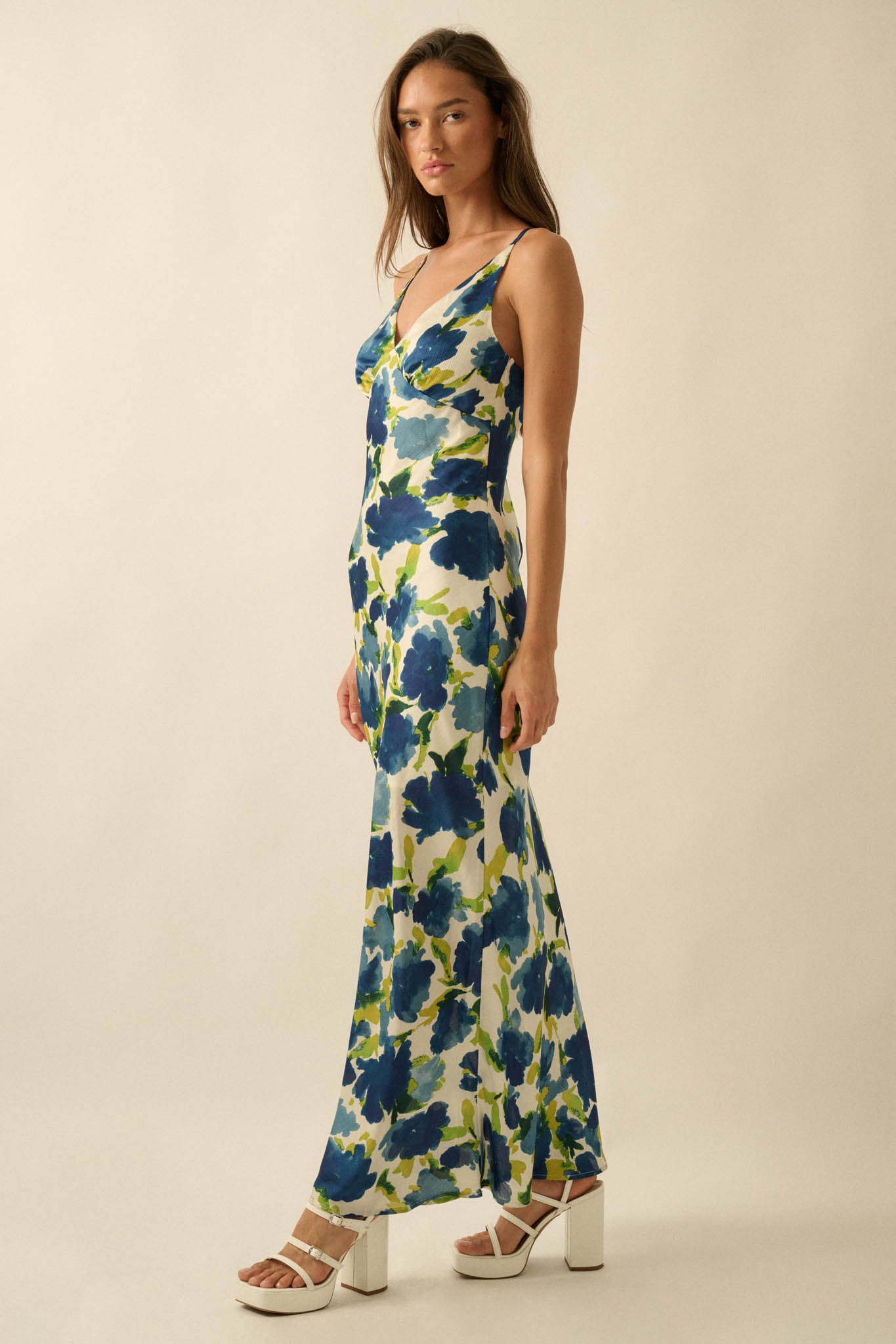 Watercolor Blossoms Floral Crepe Maxi Slip Dress - ShopPromesa