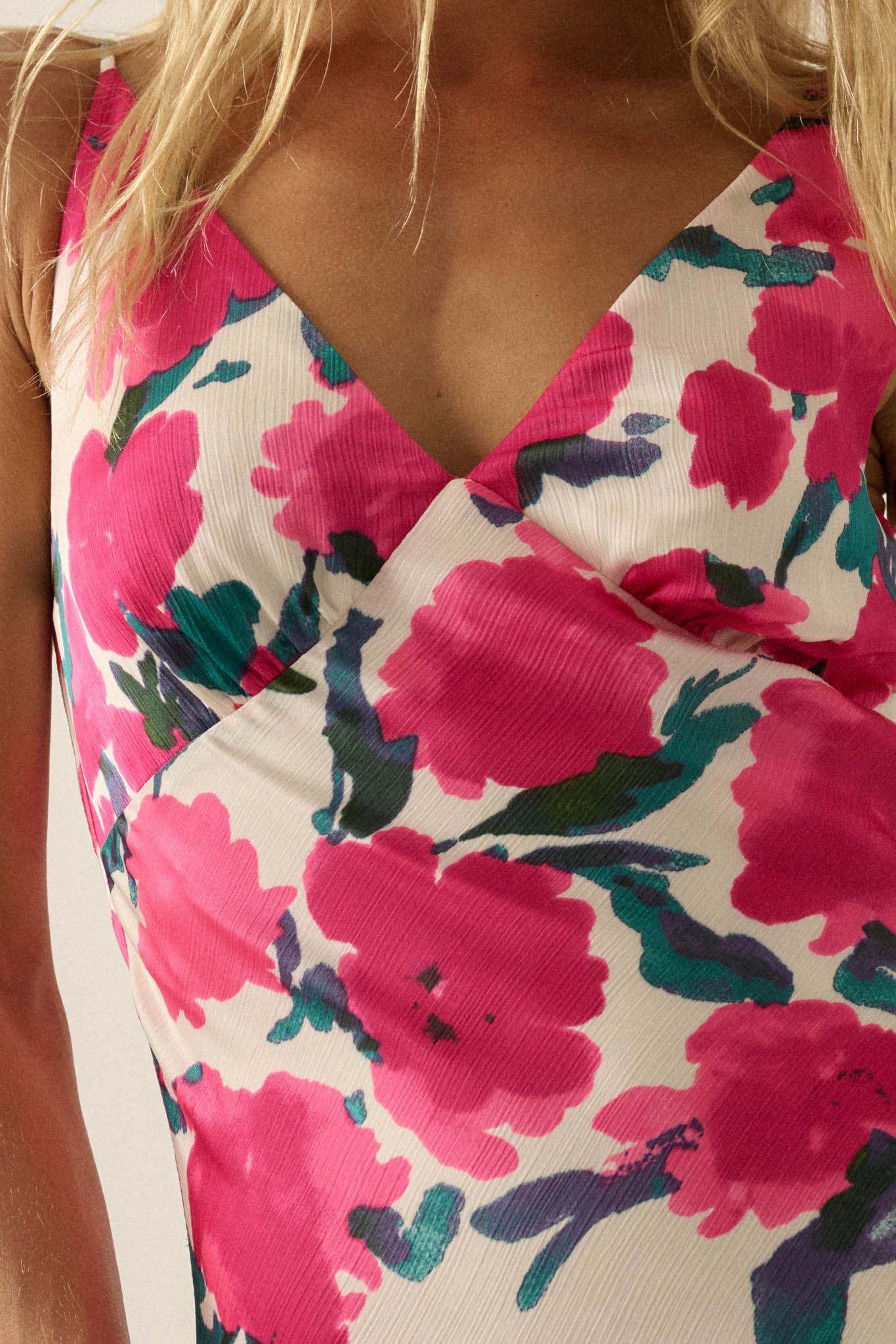 Watercolor Blossoms Floral Crepe Maxi Slip Dress - ShopPromesa