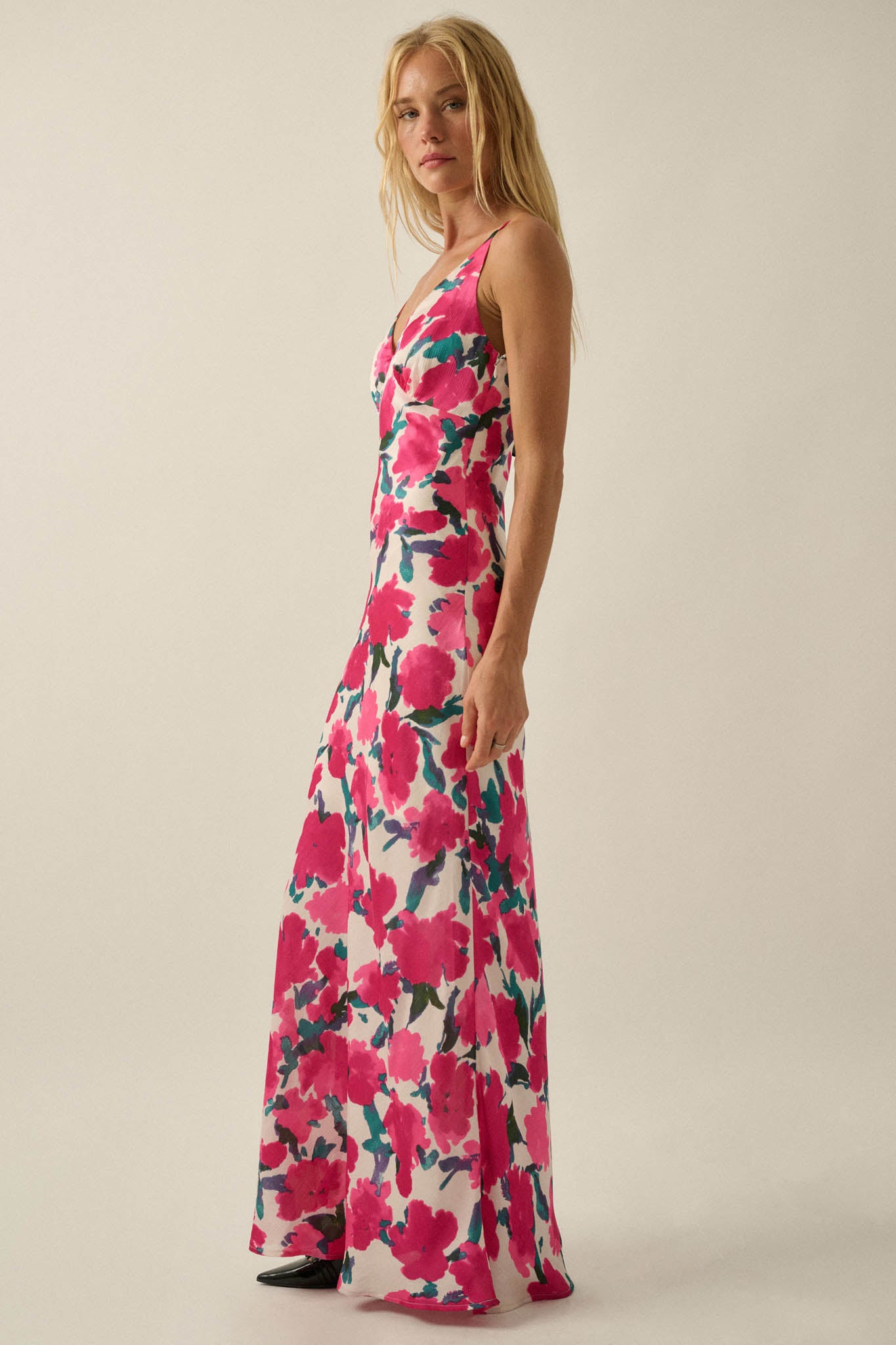 Watercolor Blossoms Floral Crepe Maxi Slip Dress - ShopPromesa