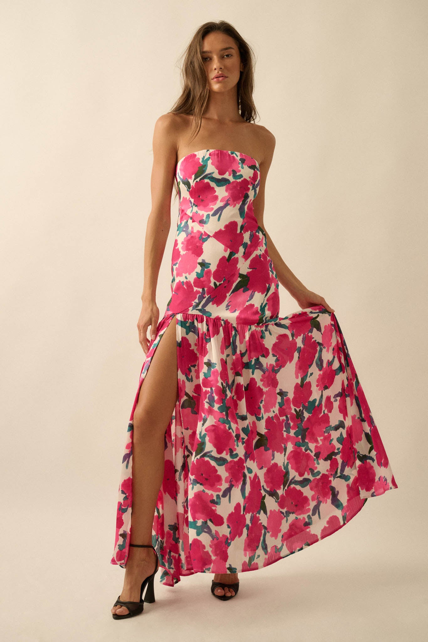 Painted Garden Floral Crepe Strapless Maxi Dress - ShopPromesa