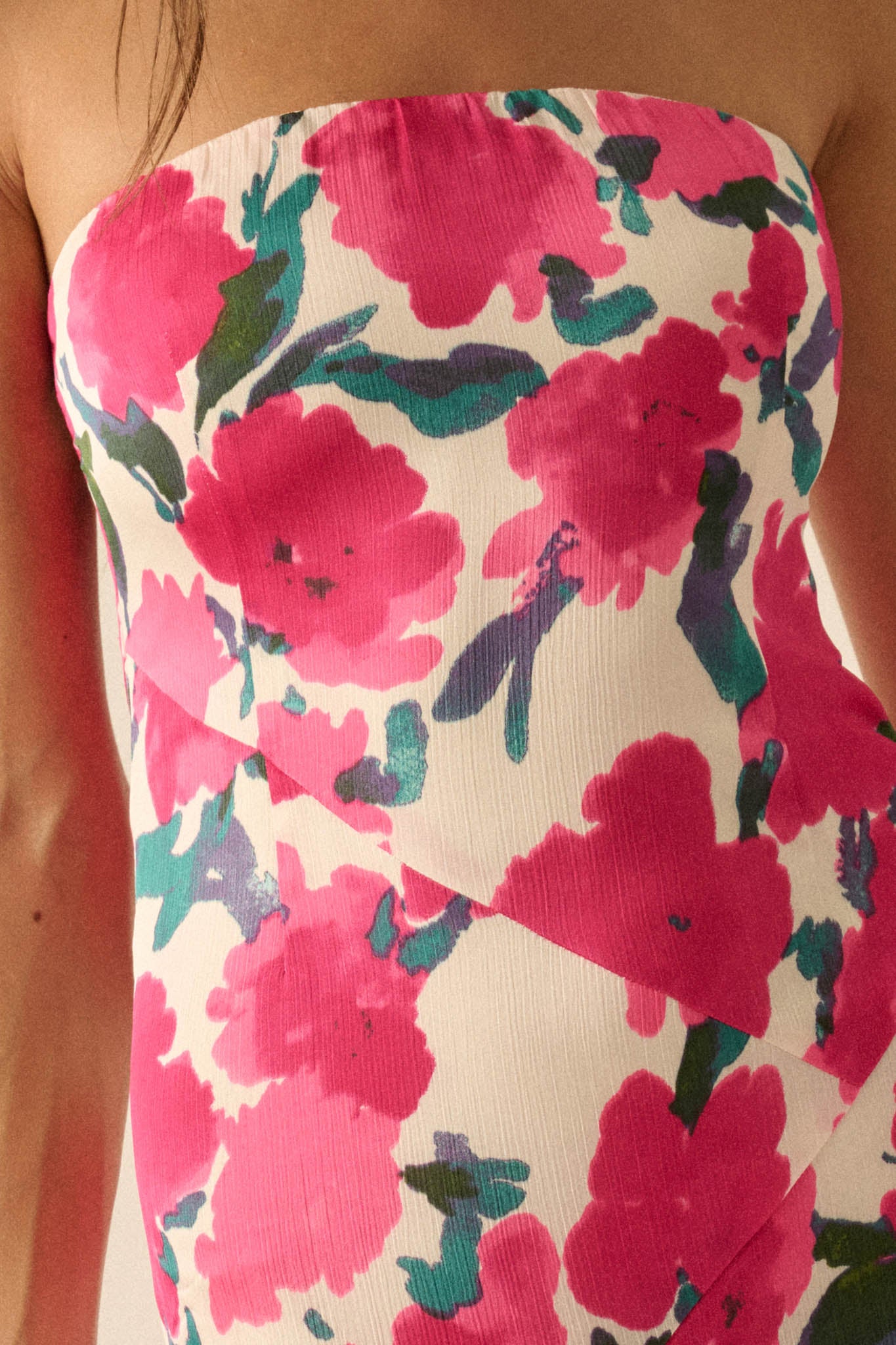 Painted Garden Floral Crepe Strapless Maxi Dress - ShopPromesa