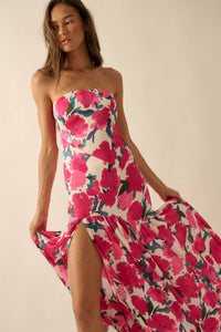 Painted Garden Floral Crepe Strapless Maxi Dress - ShopPromesa