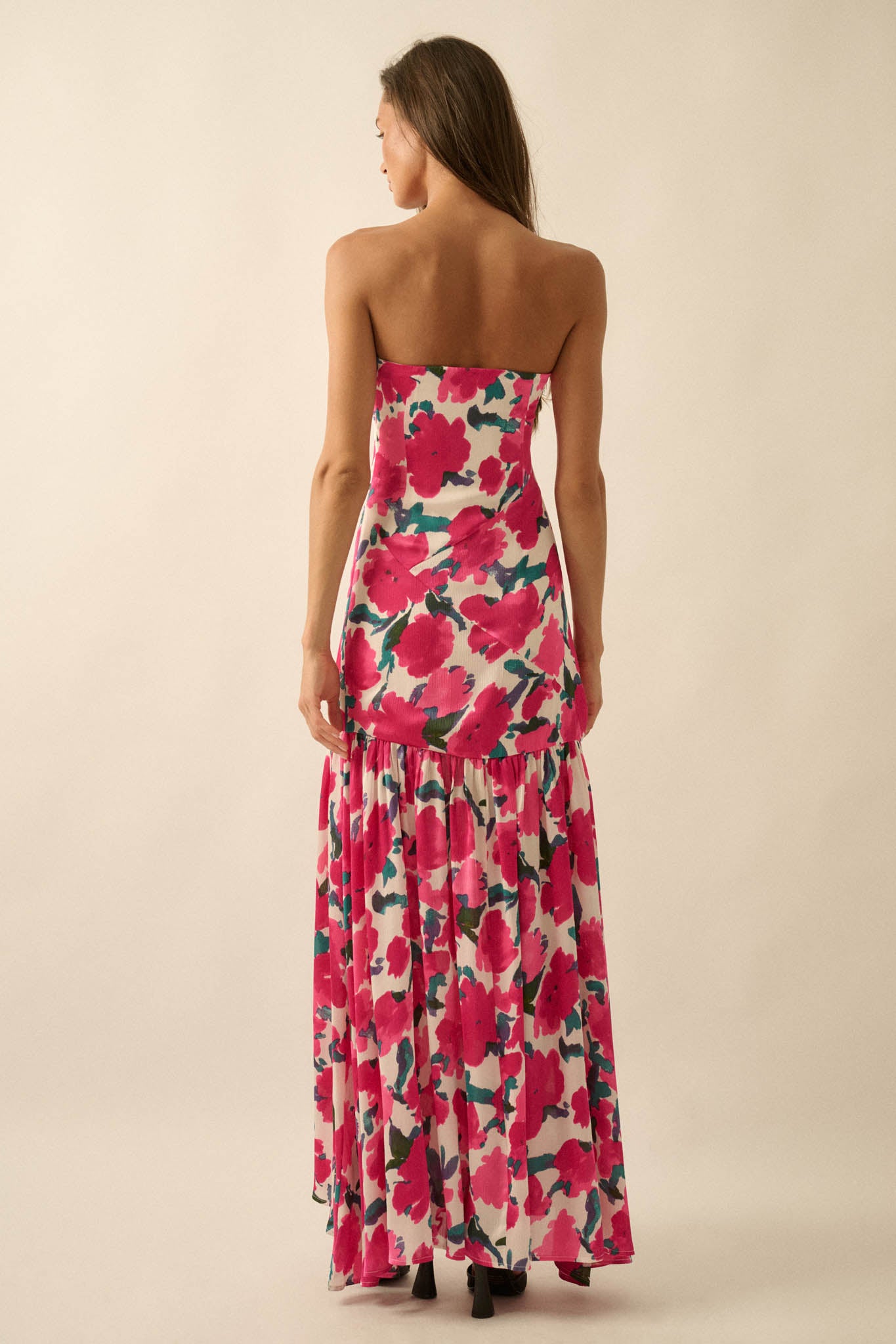 Painted Garden Floral Crepe Strapless Maxi Dress - ShopPromesa