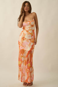Island Blossoms Floral Chiffon Lace-Up Maxi Dress - ShopPromesa