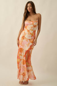 Island Blossoms Floral Chiffon Lace-Up Maxi Dress - ShopPromesa