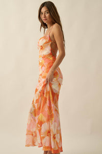 Island Blossoms Floral Chiffon Lace-Up Maxi Dress - ShopPromesa