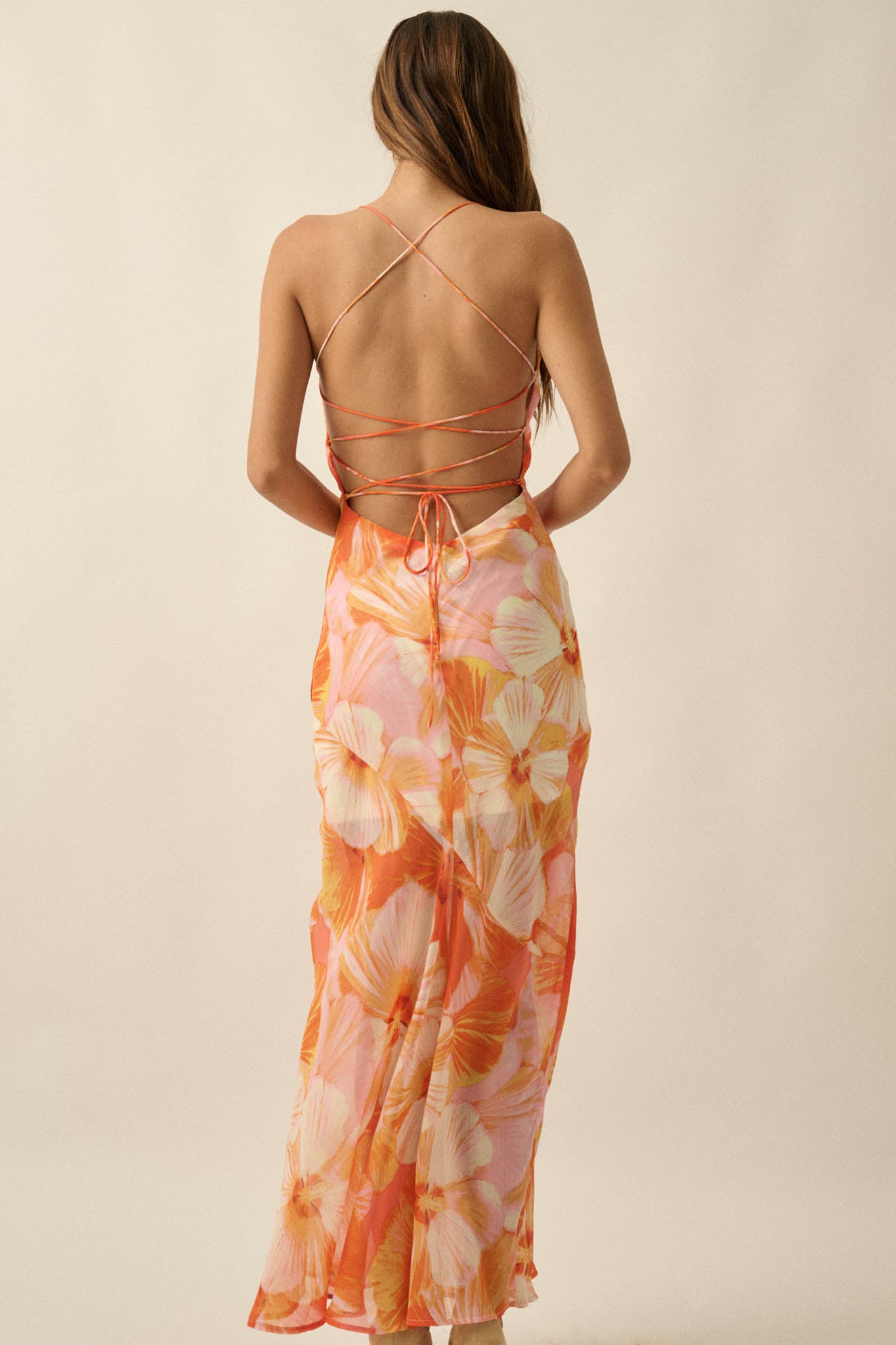Island Blossoms Floral Chiffon Lace-Up Maxi Dress - ShopPromesa