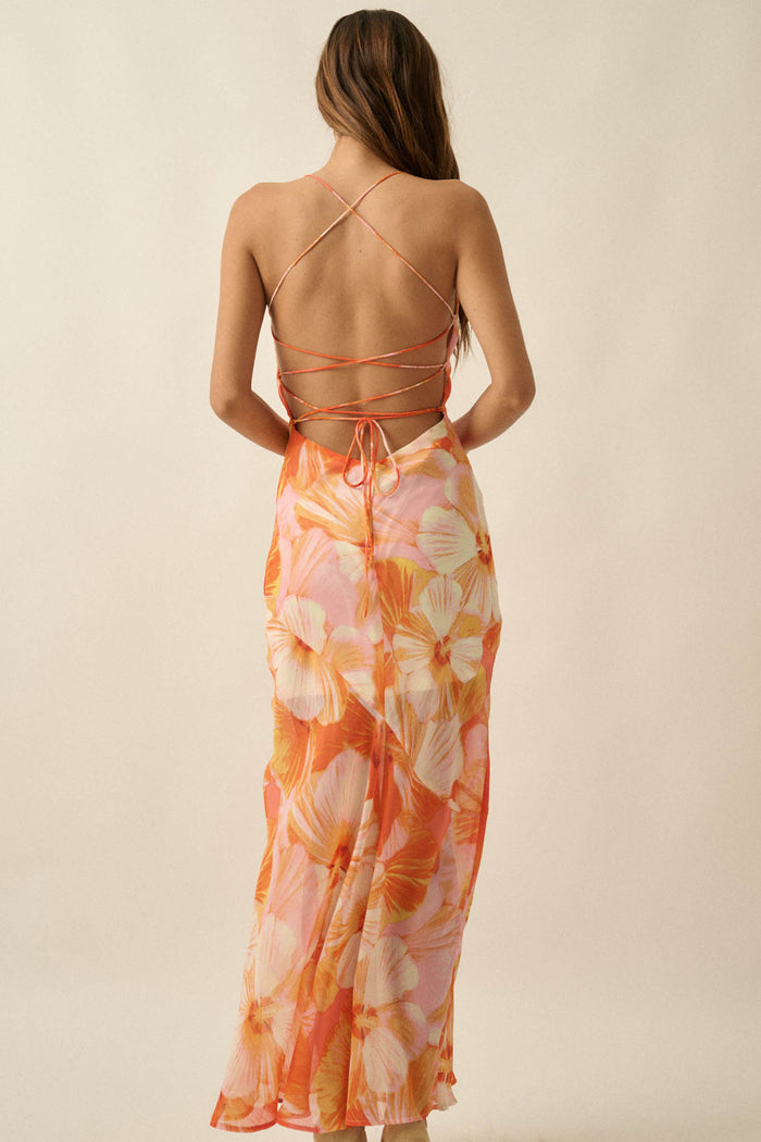 Island Blossoms Floral Chiffon Lace-Up Maxi Dress - ShopPromesa