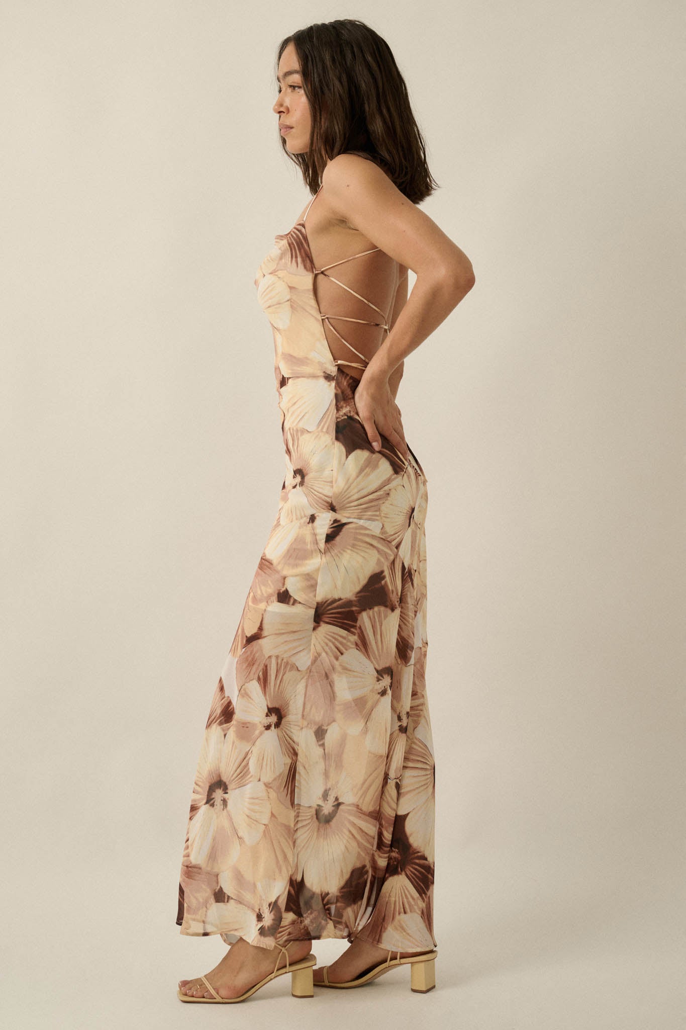 Island Blossoms Floral Chiffon Lace-Up Maxi Dress - ShopPromesa
