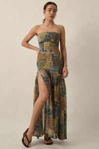 Mixed Signals Patchwork-Print Strapless Maxi Dress - ShopPromesa