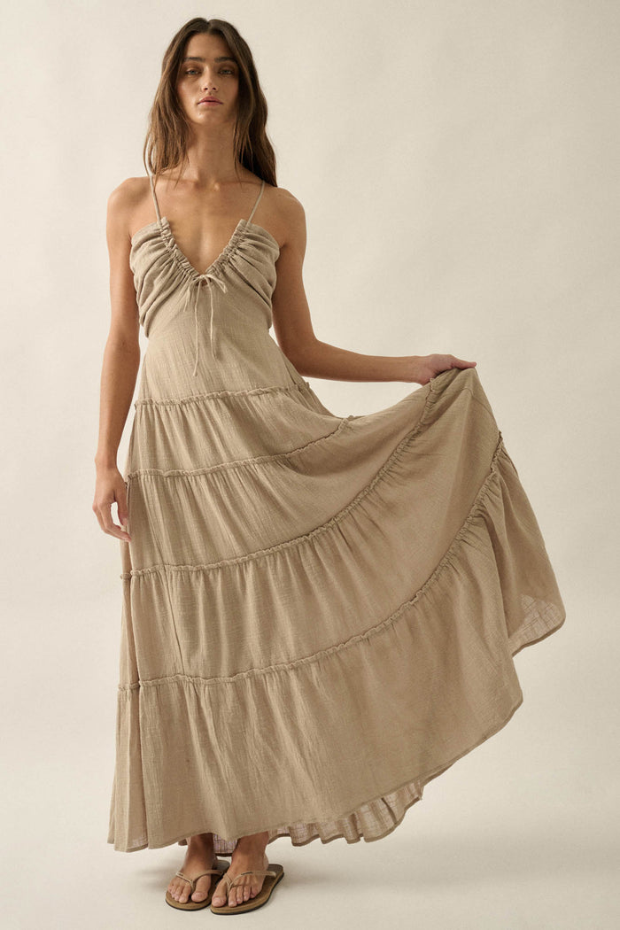 Soft Breeze Cotton Gauze Tiered Halter Maxi Dress - ShopPromesa