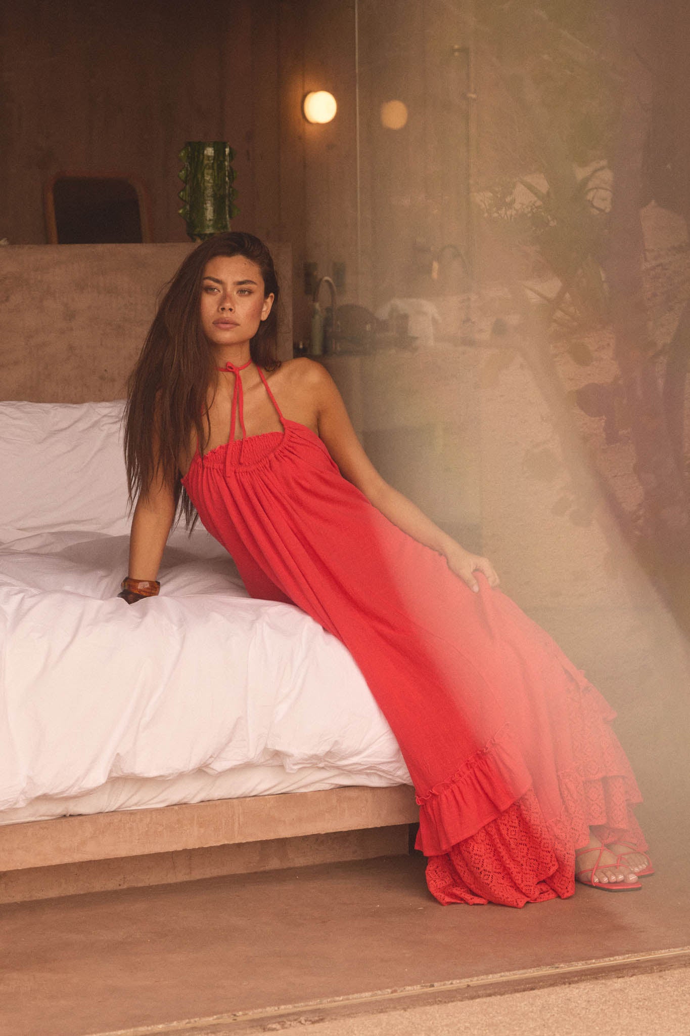 Roaming Free Cotton Gauze and Lace Maxi Dress Red Orange / S