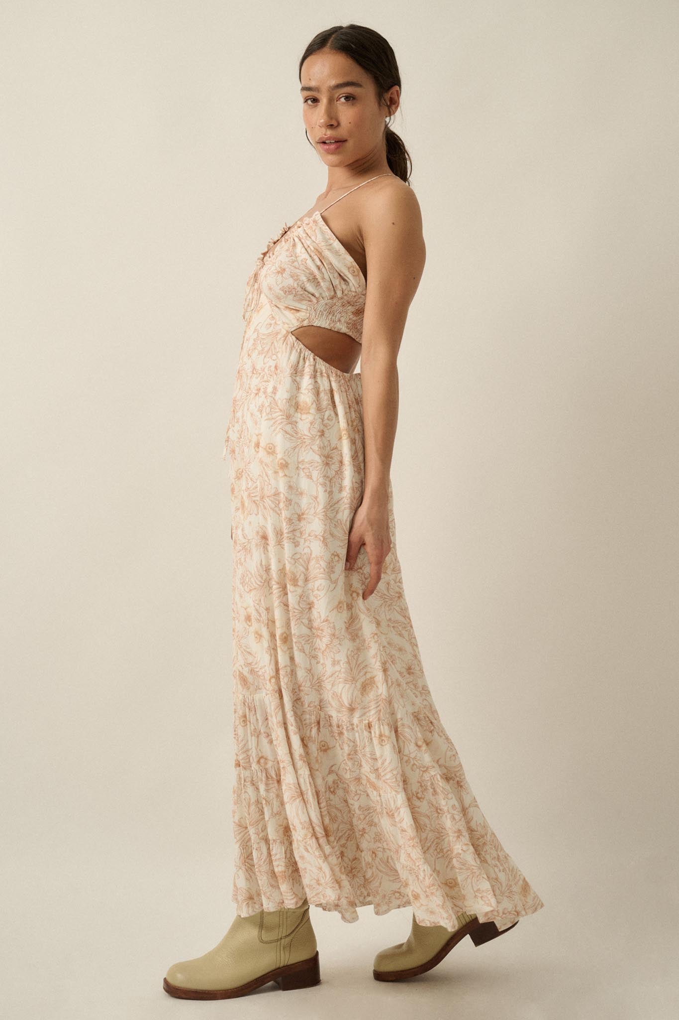 Cherished Blossoms Floral Crepe Halter Maxi Dress - ShopPromesa