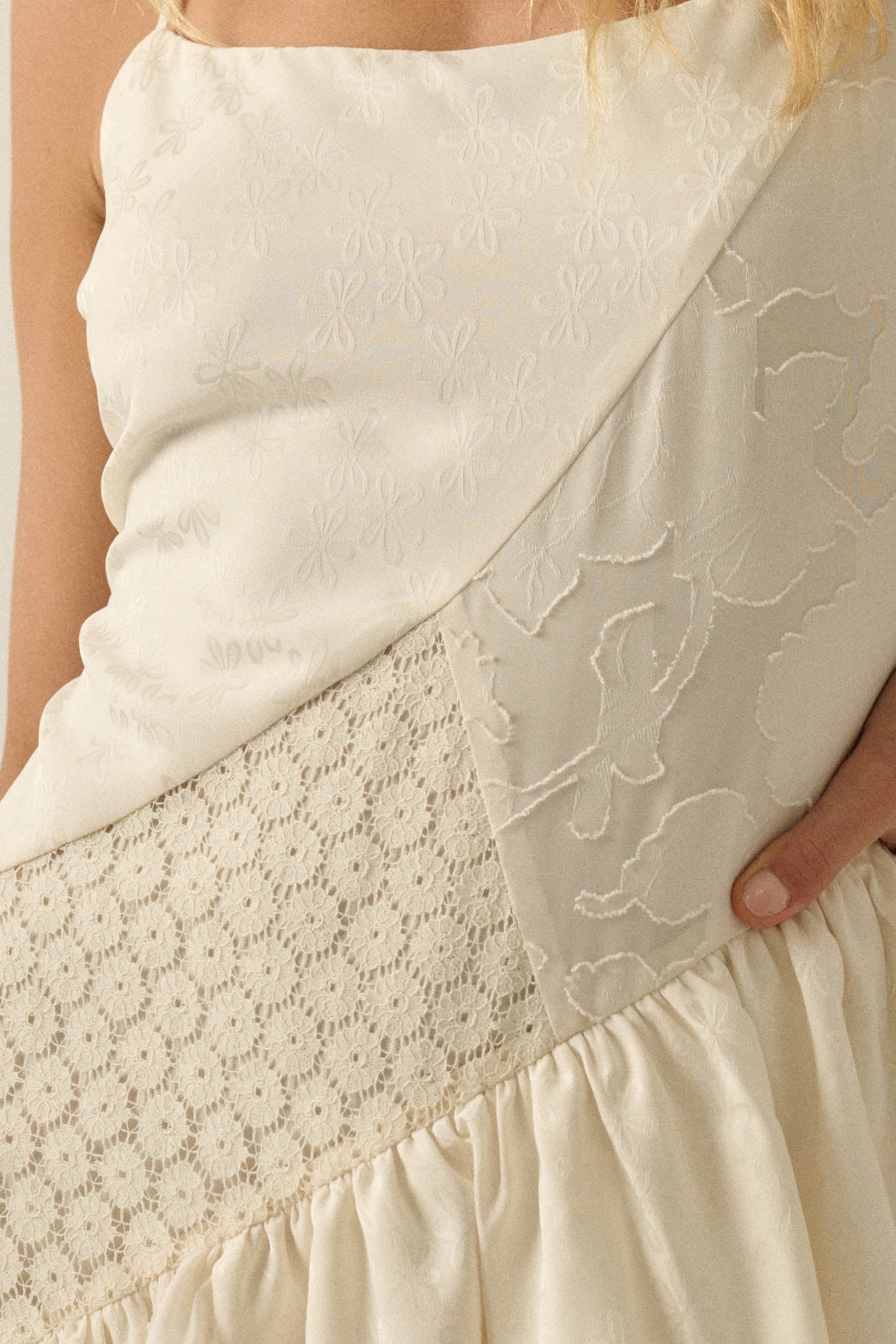 Sun City Crochet Lace Mixed Media Ruffle Mini Dress - ShopPromesa