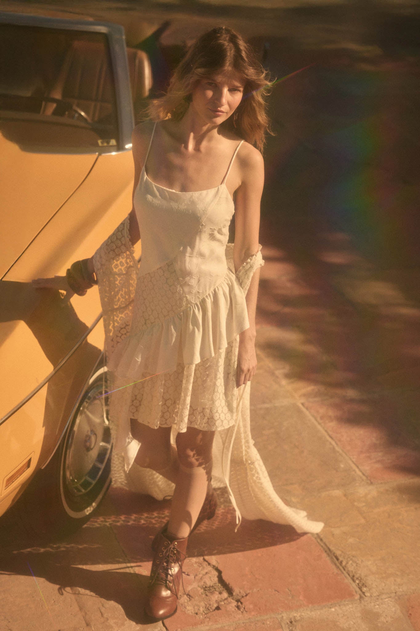 cream ruffle mini dress Andy Draped Ruffle Wrap Mini Dress-Cream