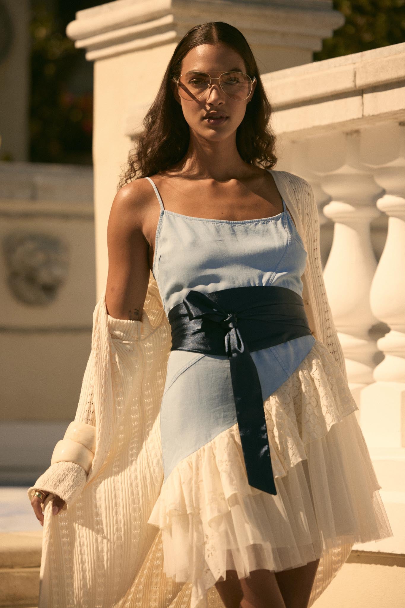 Open Skies Denim and Lace Ruffle Mini Dress Light Chambray / S Open Skies Denim and Lace Ruffle Mini Dress Light Chambray / S