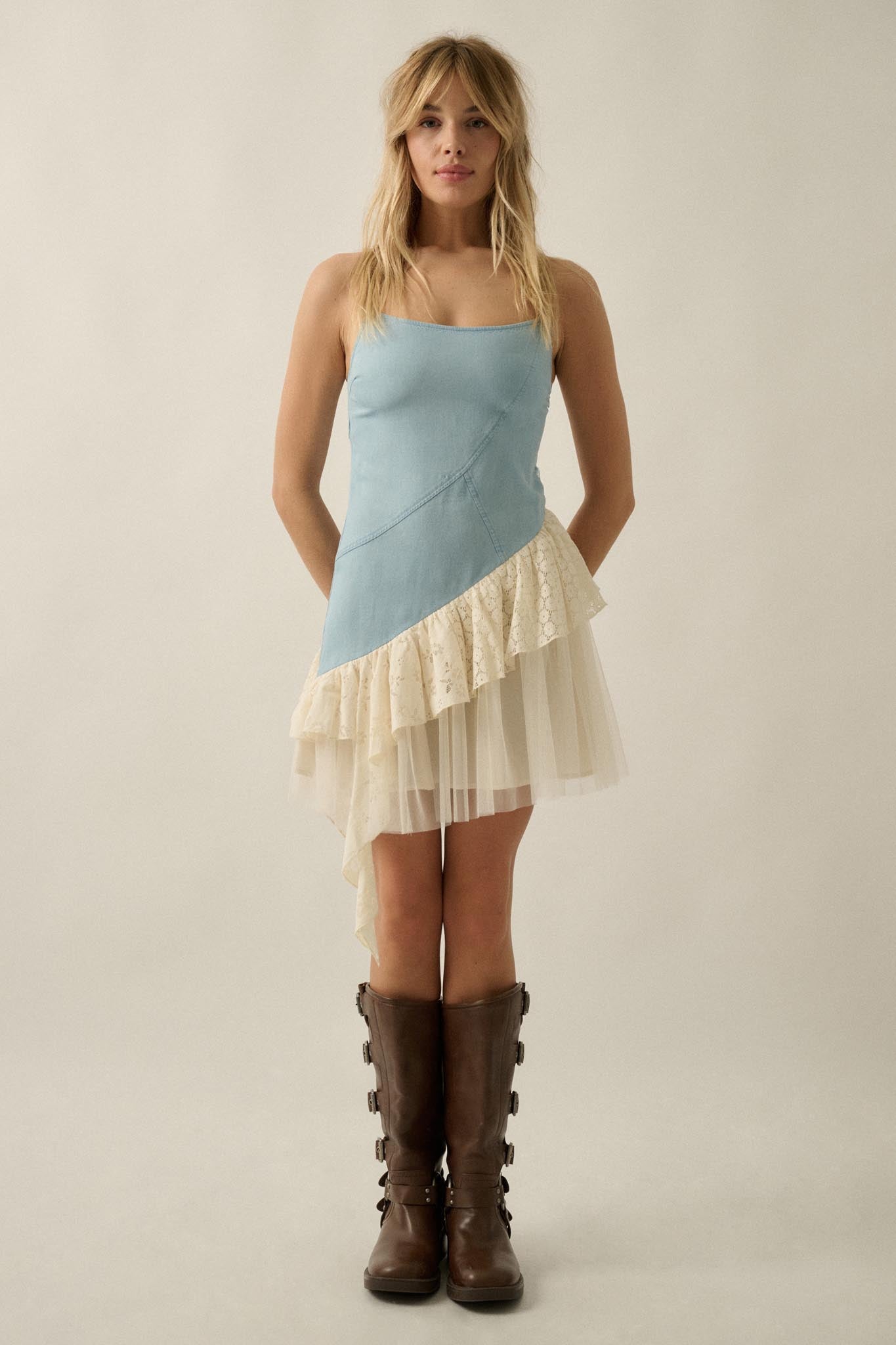 Open Skies Denim and Lace Ruffle Mini Dress - ShopPromesa