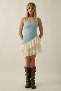 Open Skies Denim and Lace Ruffle Mini Dress - ShopPromesa