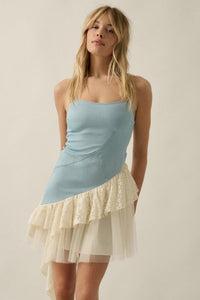 Open Skies Denim and Lace Ruffle Mini Dress - ShopPromesa