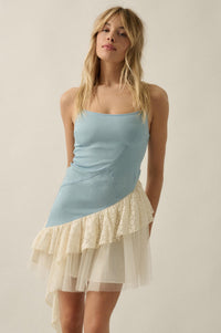 Open Skies Denim and Lace Ruffle Mini Dress - ShopPromesa