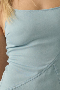 Open Skies Denim and Lace Ruffle Mini Dress - ShopPromesa