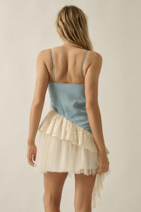 Open Skies Denim and Lace Ruffle Mini Dress - ShopPromesa