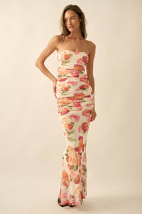 Garden Party Floral Mesh Ruched Strapless Maxi Dress - ShopPromesa