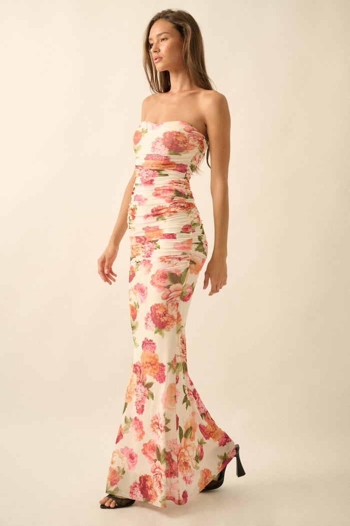 Garden Party Floral Mesh Ruched Strapless Maxi Dress - ShopPromesa
