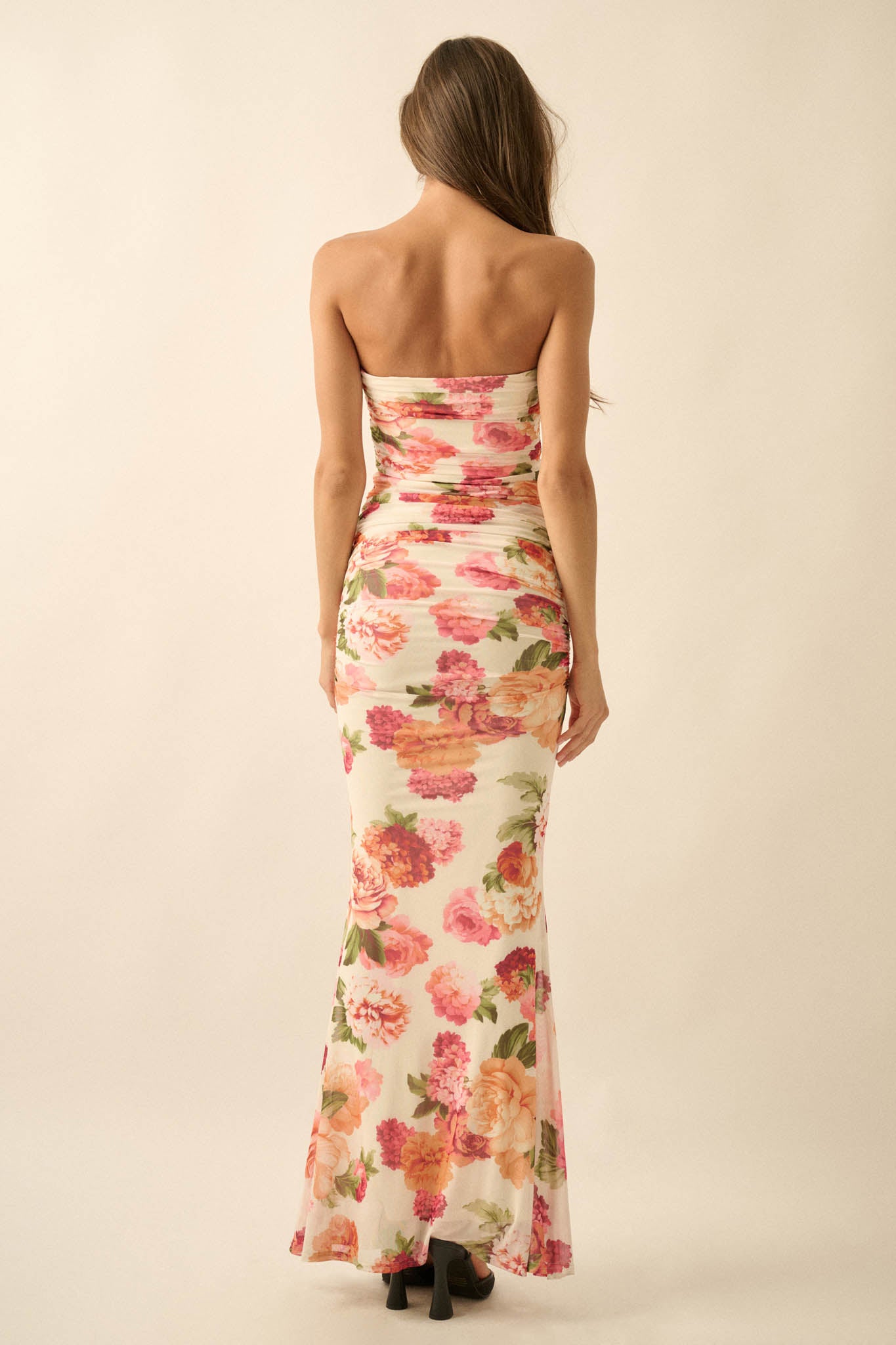 Garden Party Floral Mesh Ruched Strapless Maxi Dress - ShopPromesa