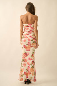Garden Party Floral Mesh Ruched Strapless Maxi Dress - ShopPromesa