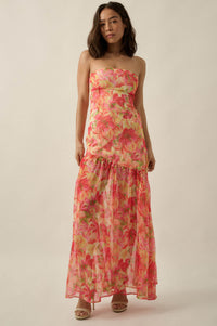 Citrine Garden Floral Chiffon Strapless Maxi Dress - ShopPromesa