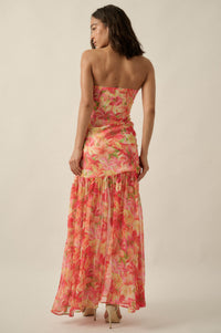 Citrine Garden Floral Chiffon Strapless Maxi Dress - ShopPromesa
