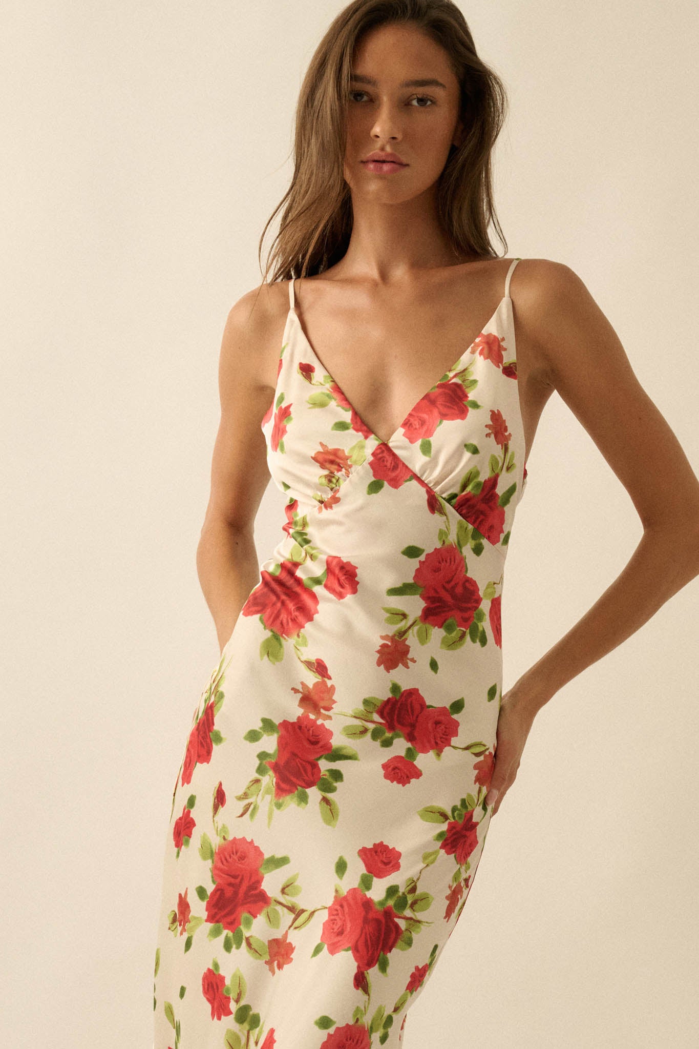 Sweetest Rose Floral-Print Satin Maxi Slip Dress Mocha & Pink / L