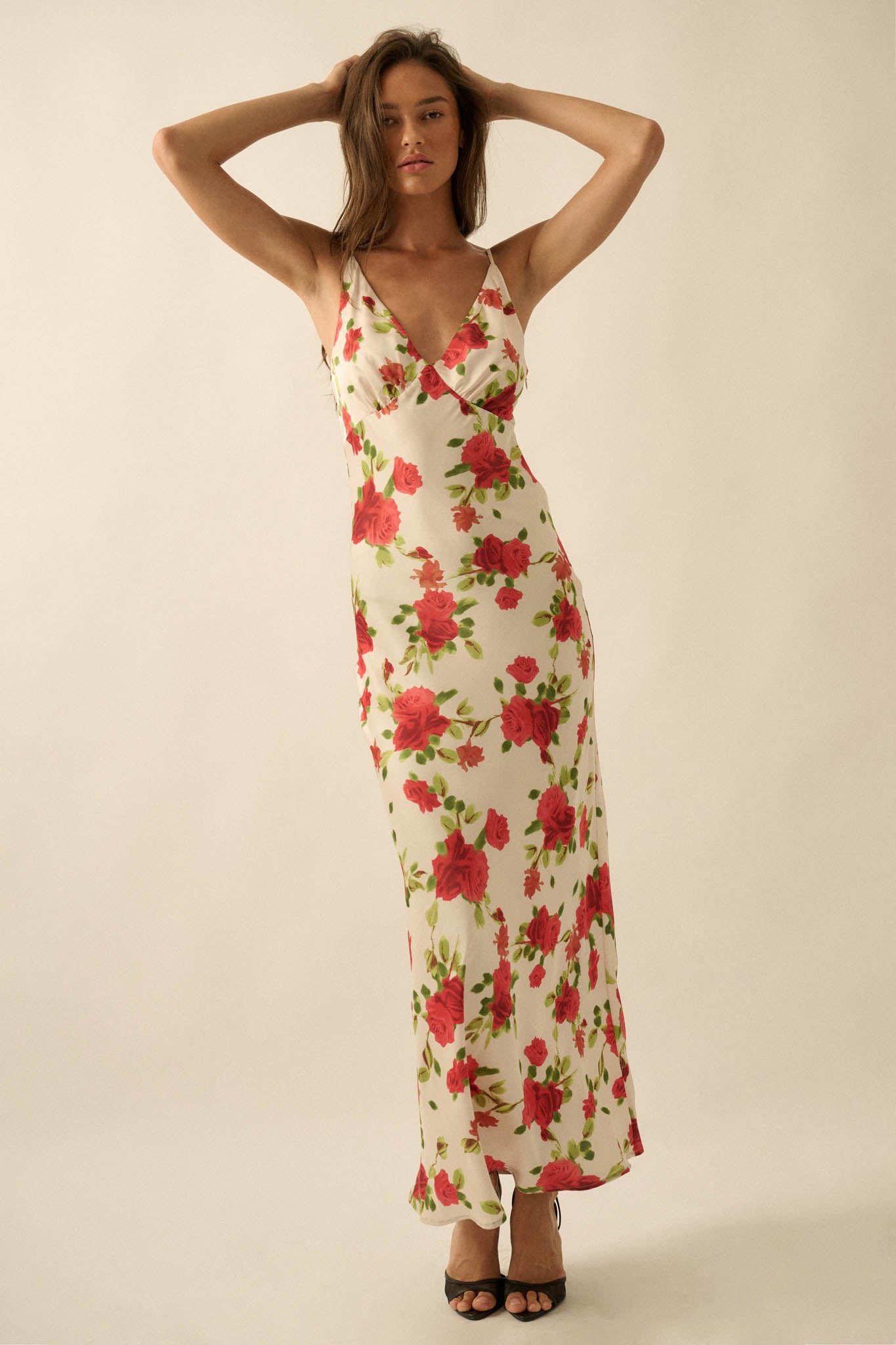 Sweetest Rose Floral-Print Satin Maxi Slip Dress Mocha & Pink / L