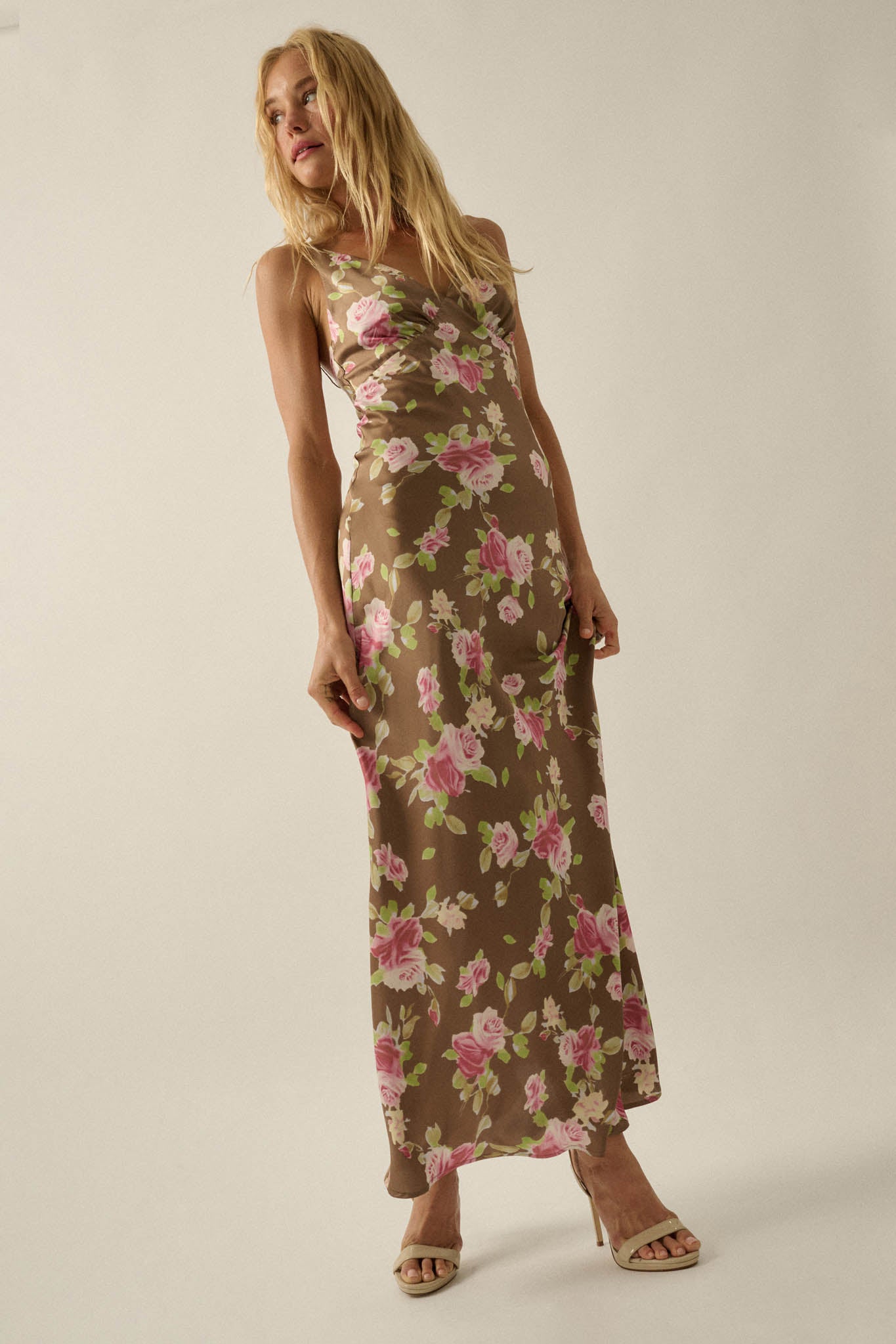 Sweetest Rose Floral-Print Satin Maxi Slip Dress, Mocha & Pink / S